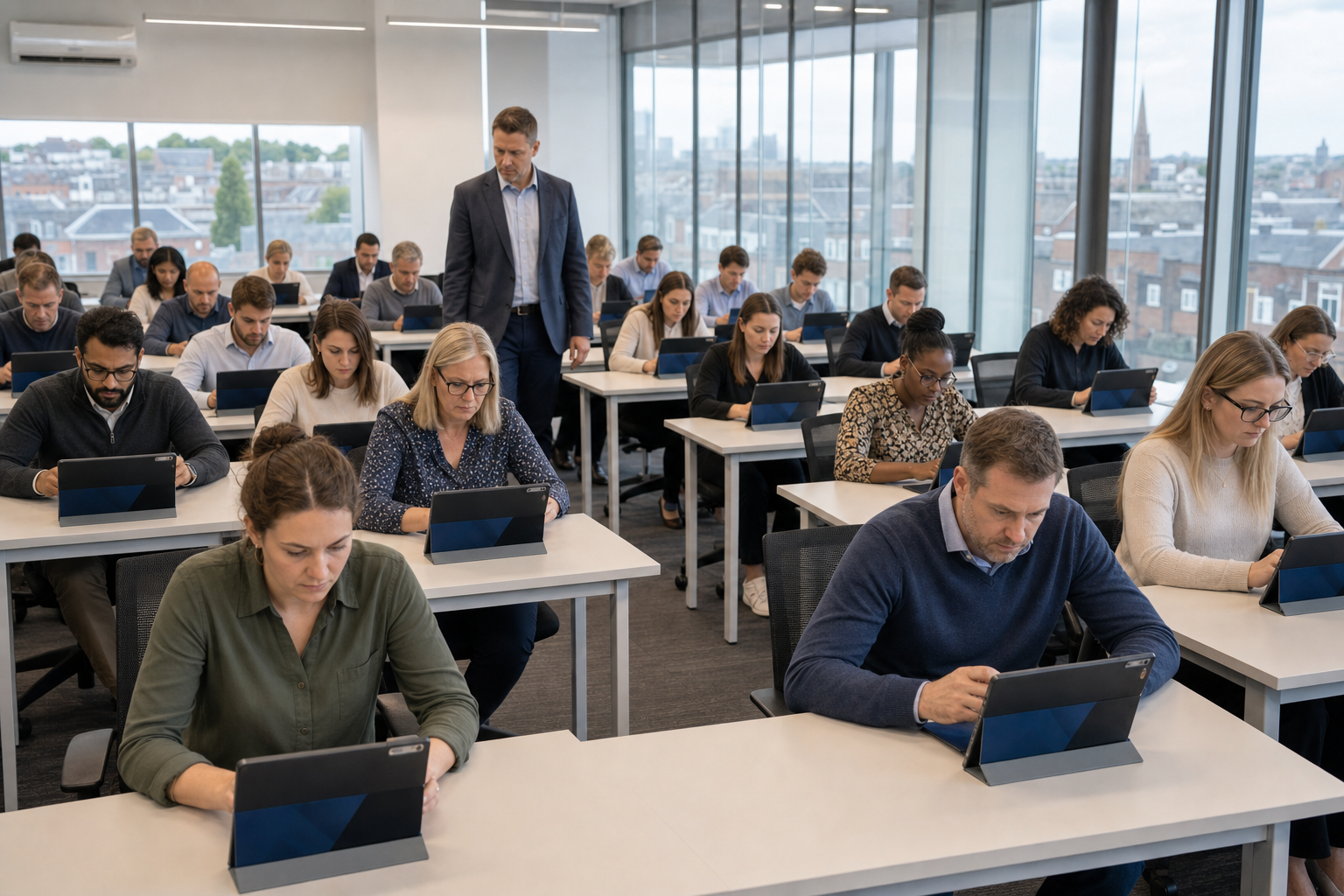 UK professionals taking an electronic assessment at individual tablet workstations