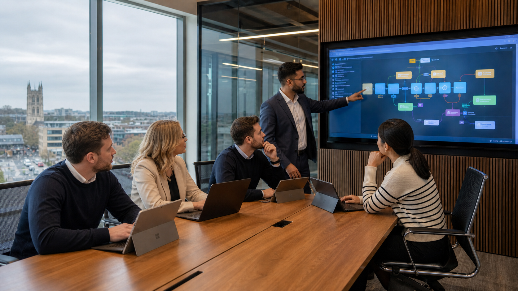UK professionals reviewing digital work in a bright operations room overlooking a British townscape